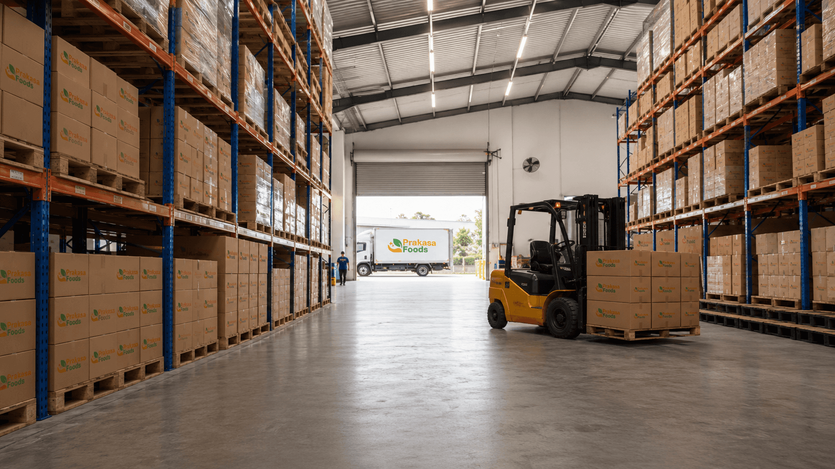 Interior gudang Prakasa Foods dengan forklift dan truk pengiriman di loading bay
