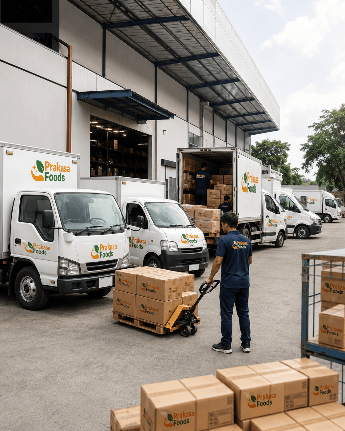 Armada penuh Prakasa Foods di halaman dispatch gudang — truk distribusi siap suplai dan operasi pemuatan aktif