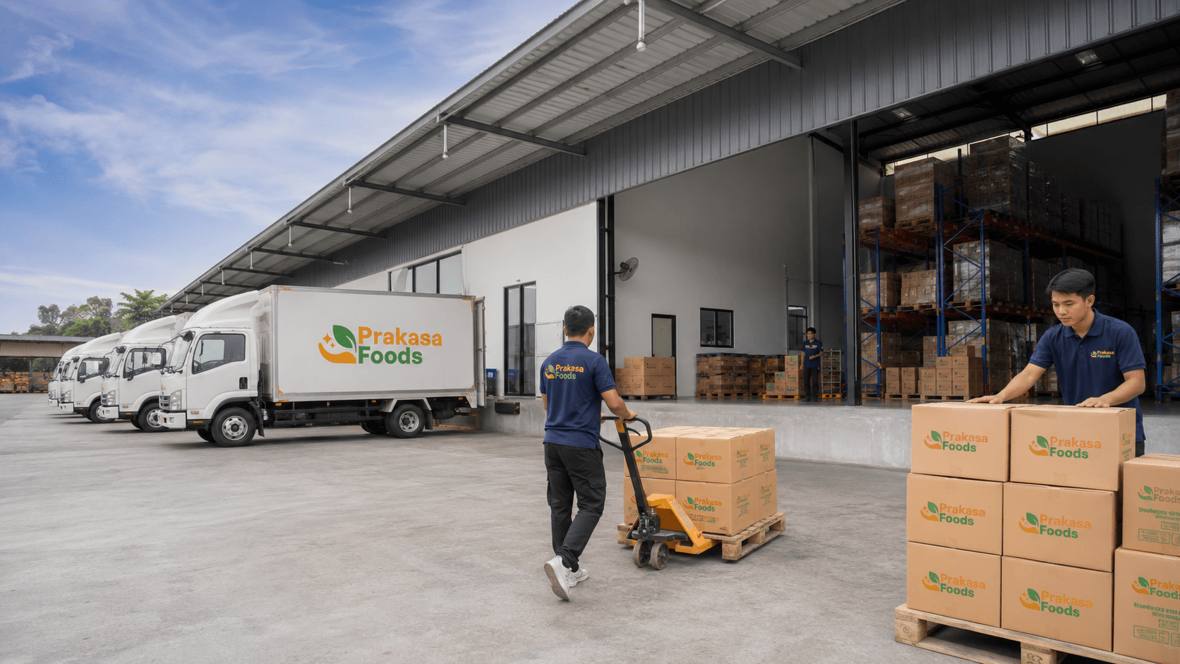 Tim logistik Prakasa Foods memindahkan produk di loading dock gudang dengan armada pengiriman