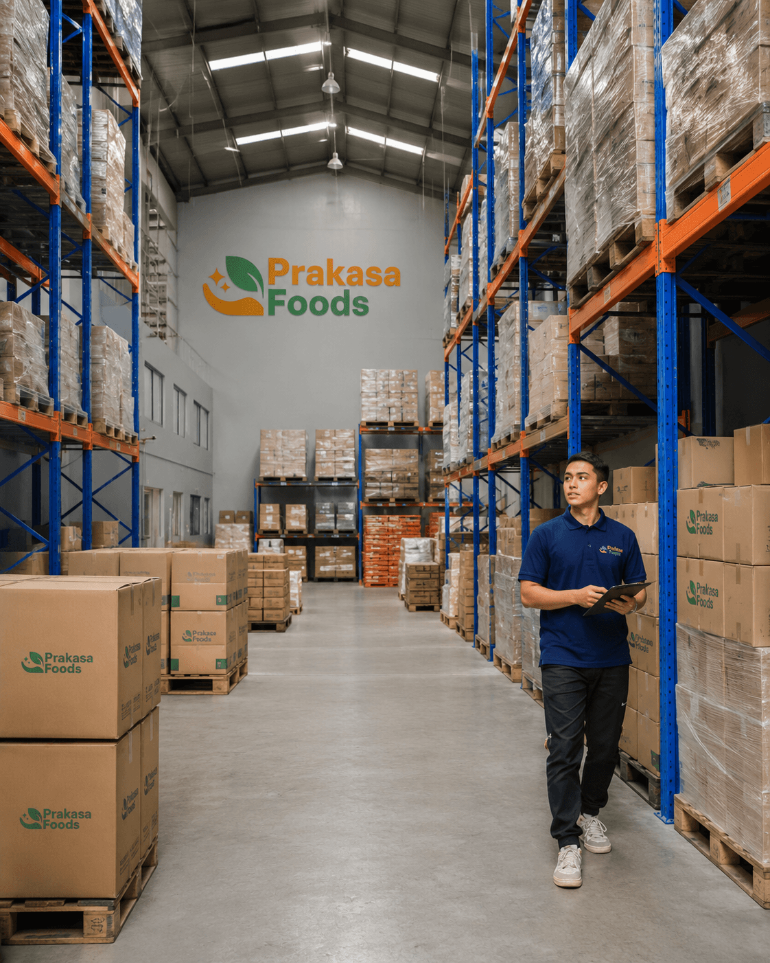 Manajer gudang Prakasa Foods melakukan inspeksi inventori — rak terorganisir dan stok bermerek Prakasa Foods