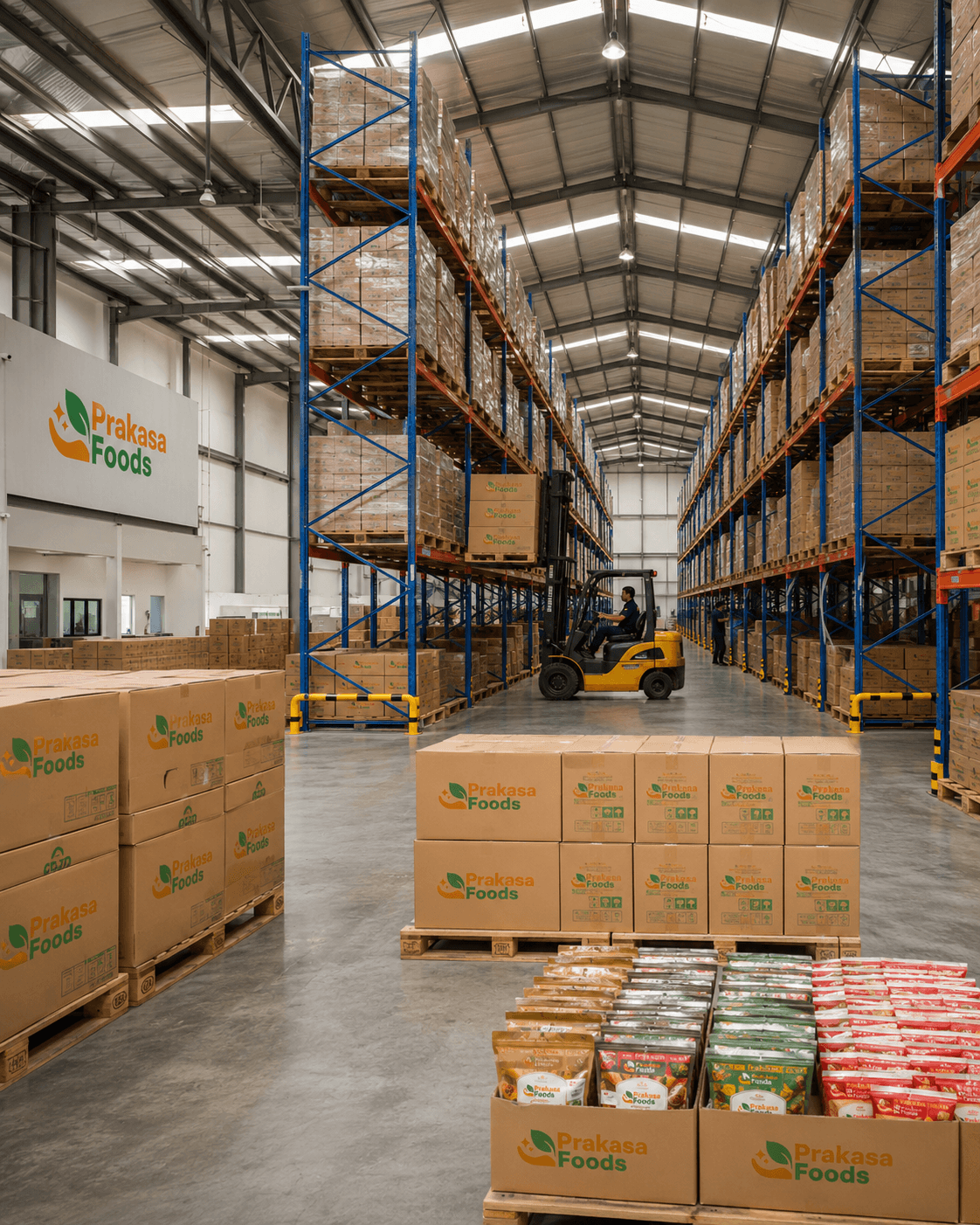 Gudang Prakasa Foods dengan rak produk terorganisir tinggi dan inventori multi-kategori