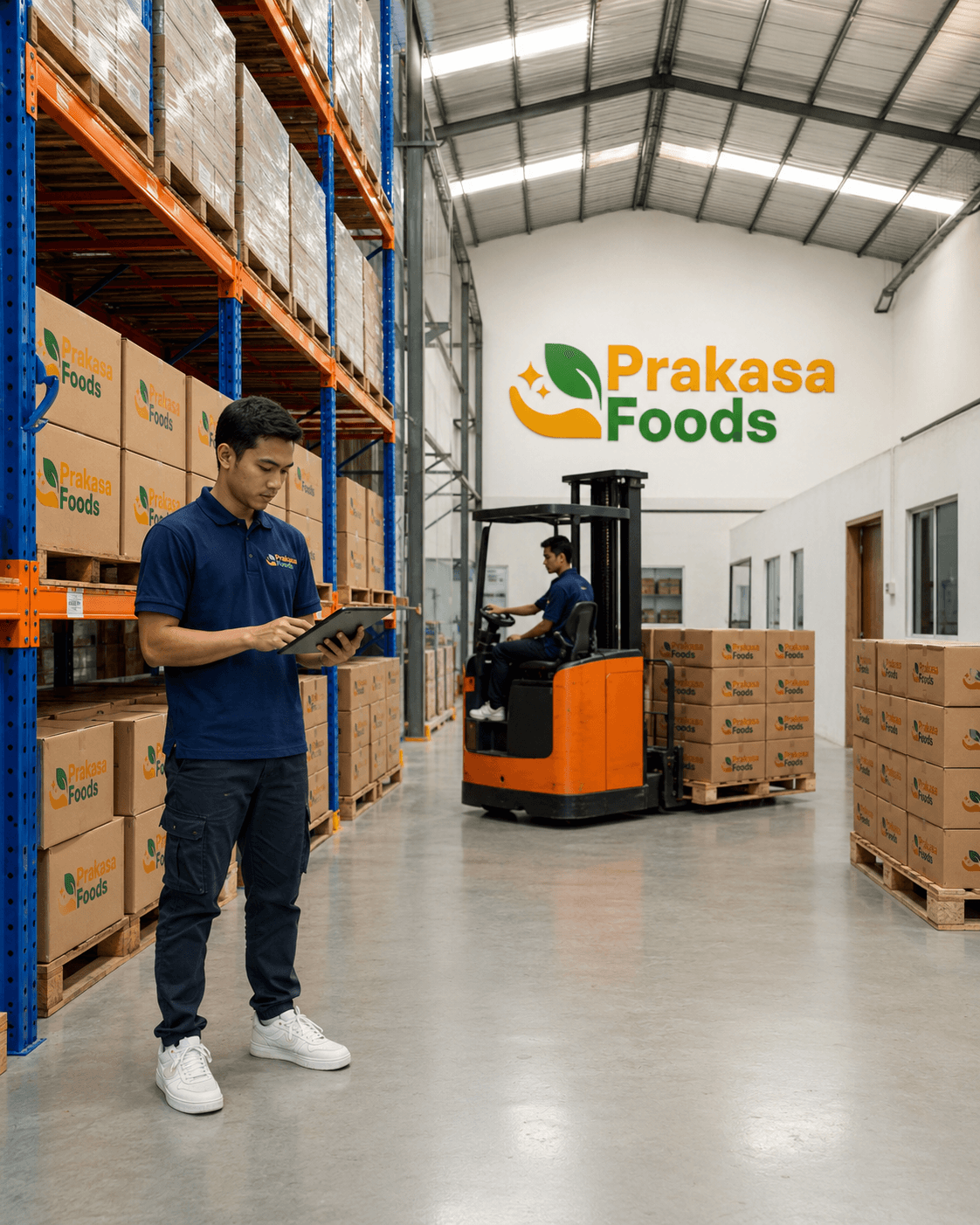 Tim gudang Prakasa Foods melakukan pengecekan inventori stok dengan tablet — forklift beroperasi di latar belakang