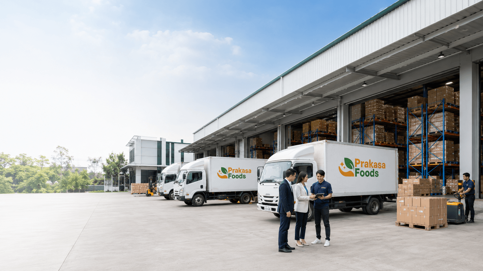 Account manager Prakasa Foods meninjau rencana distribusi bersama mitra brand di loading dock gudang