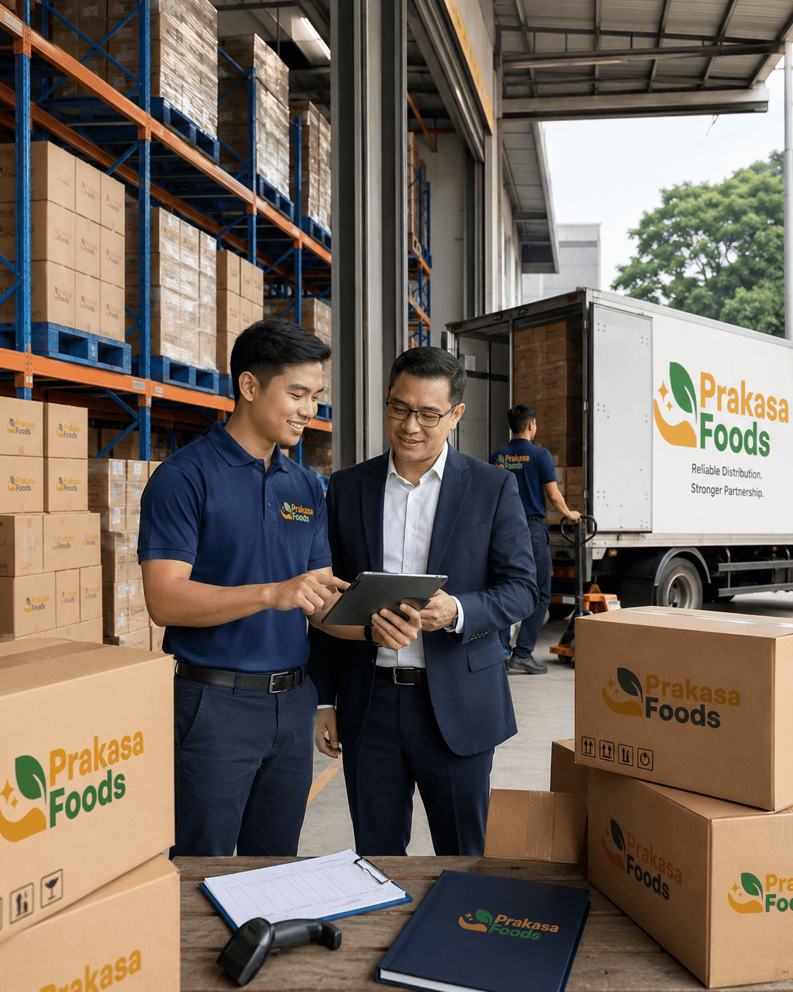 Operasi gudang Prakasa Foods — manajemen stok dan forklift siap memindahkan inventori brand Anda