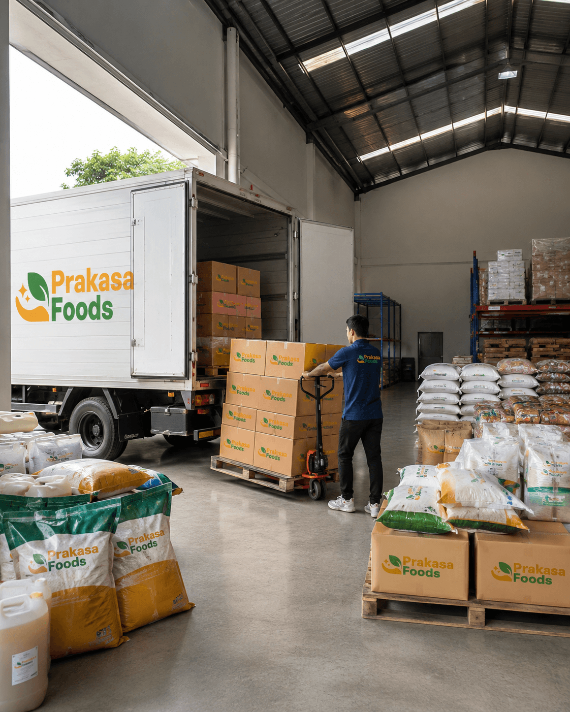 Loading dock Prakasa Foods dengan beragam barang F&B bulk — karung, karton, dan kontainer untuk suplai akun foodservice