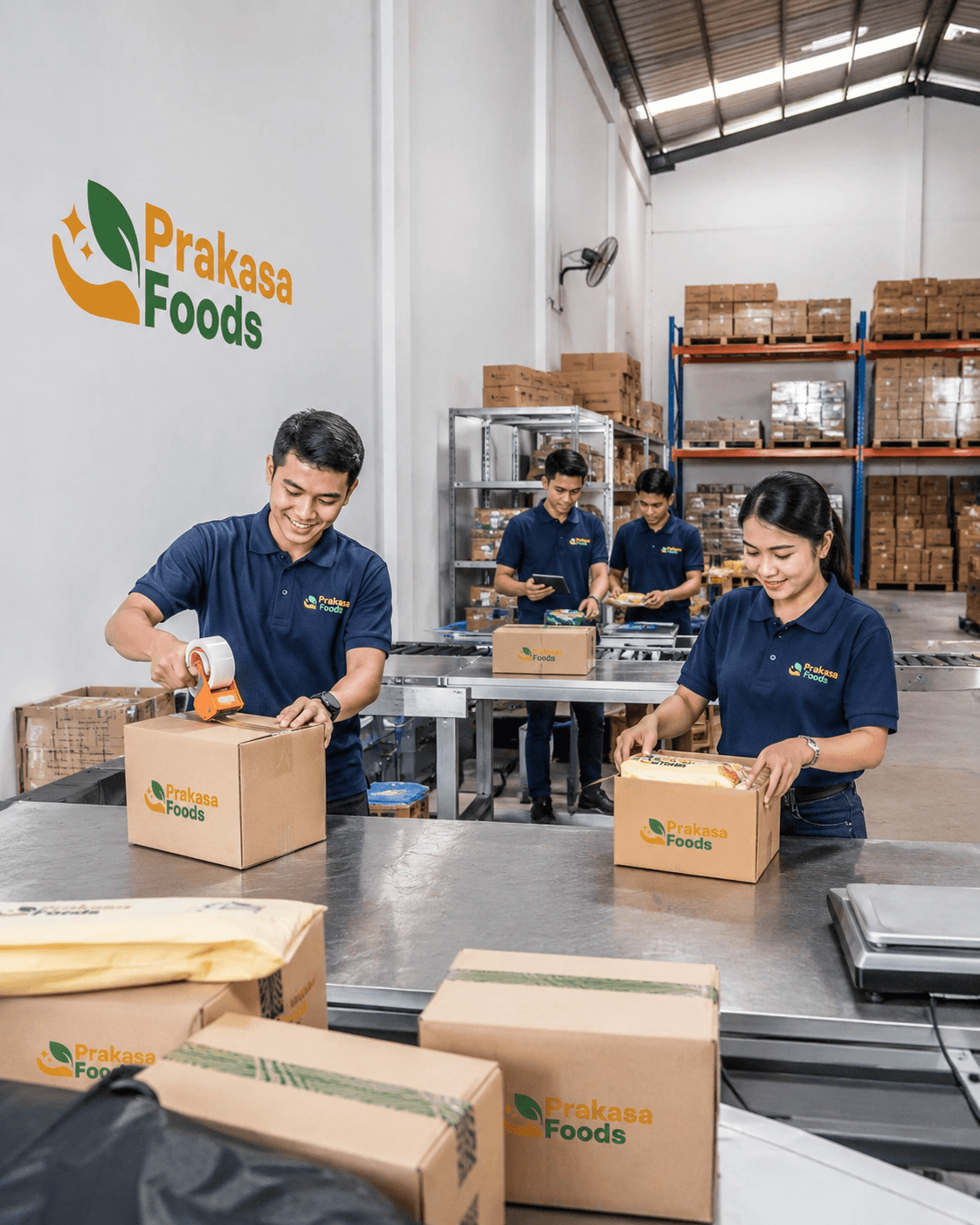 Tim fulfillment Prakasa Foods mengemas pesanan e-commerce di konveyor pengiriman — kesiapan pesanan dan pengiriman cepat