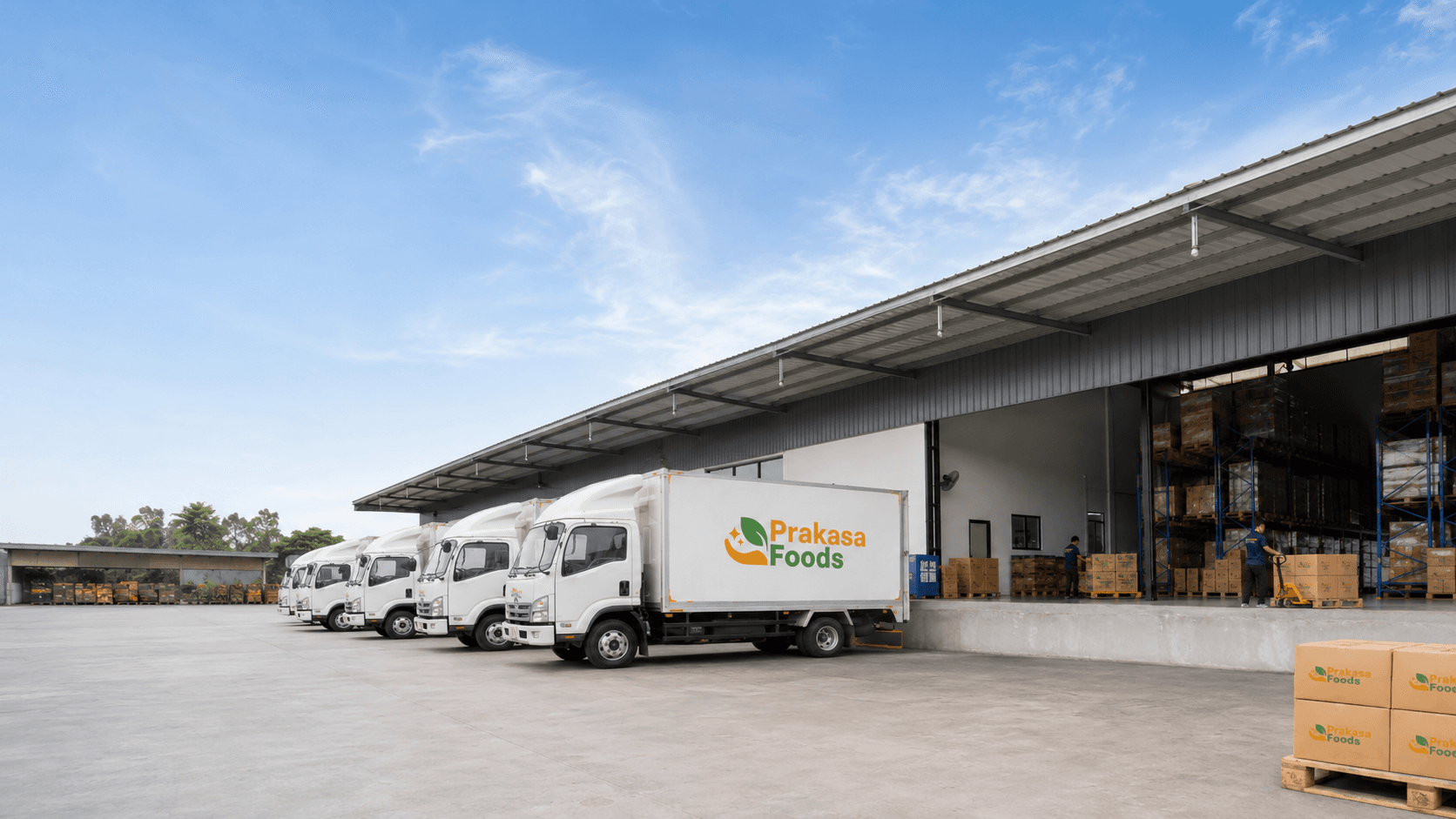 Armada pengiriman Prakasa Foods berjajar di fasilitas gudang — skala perusahaan dan kapabilitas logistik