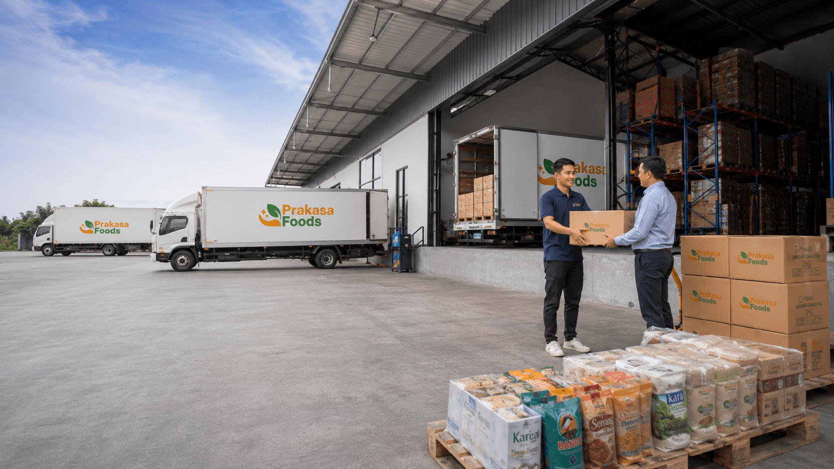 Tim Prakasa Foods menangani serah terima produk di fasilitas distribusi dengan armada pengiriman
