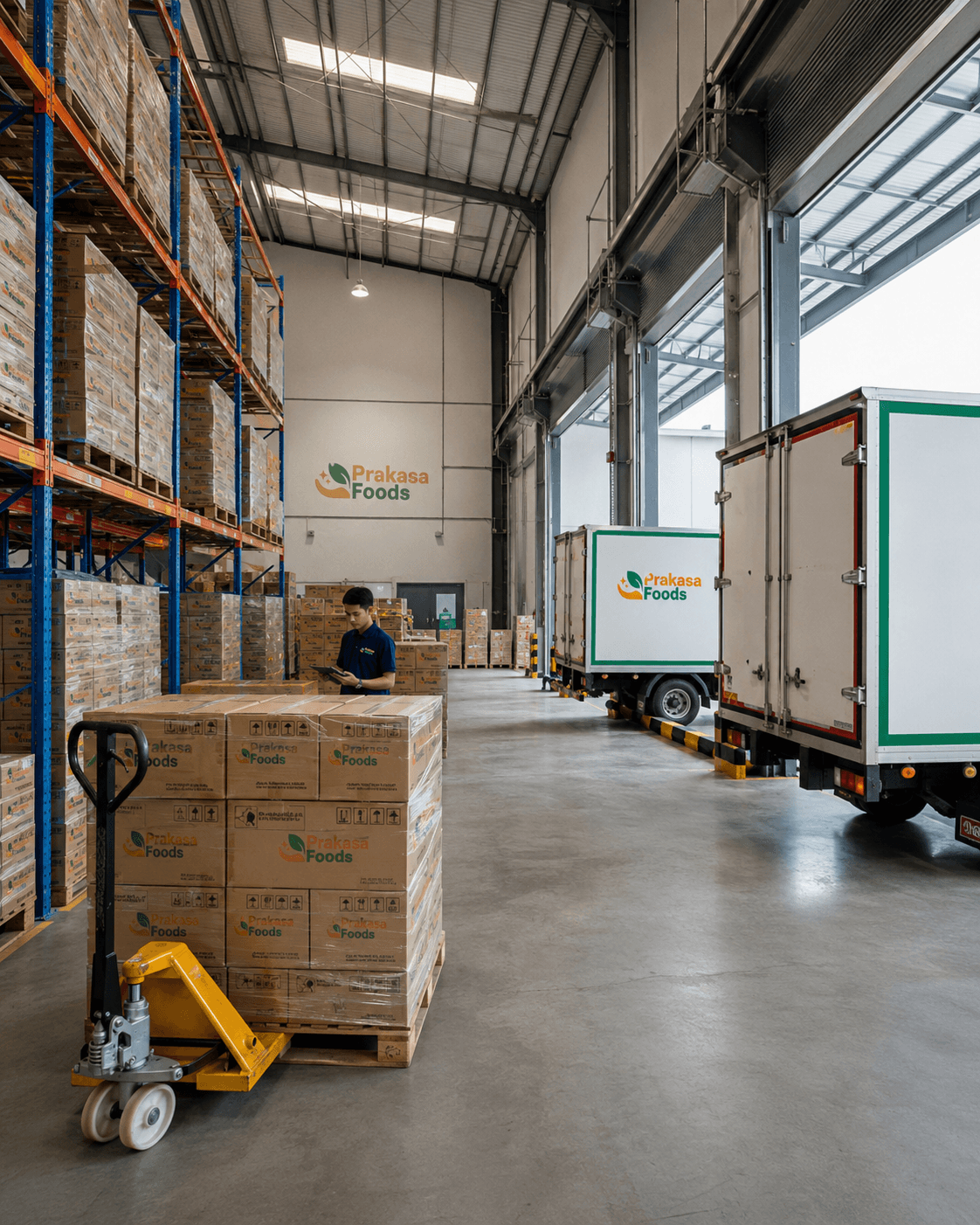 Loading bay gudang Prakasa Foods terorganisir — palet dan inventori terstruktur yang disiapkan untuk akun modern trade